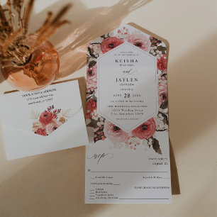 ピンク&レッドピンク結婚フローラの2 オールインワン招待状