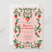ピンク&レッドフローラつる植物イチゴ1st誕生日 招待状 (正面)