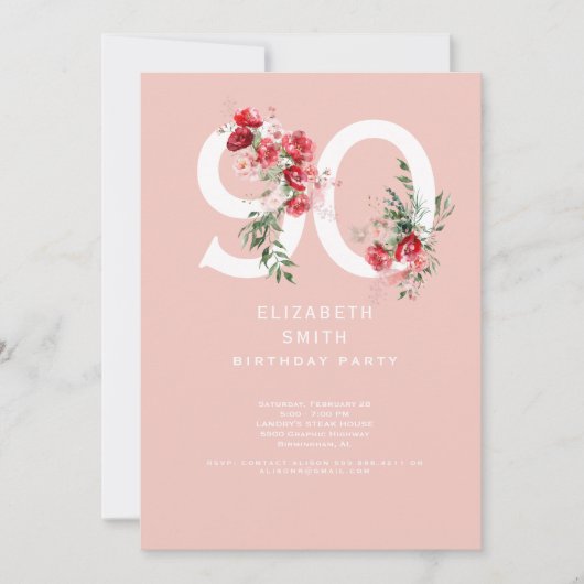 ピンク&レッドフローラエレガント90thバースデーパーティー 招待状 (正面)