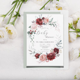 ピンク&レッドフローラベビーガールモダンベビーシャワー 招待状