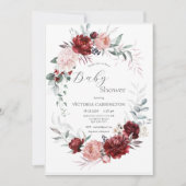 ピンク&レッドフローラベビーガールモダンベビーシャワー 招待状 (正面)