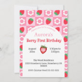 ピンク&レッドベリーの最初の誕生日パーティーへの招待 招待状 (正面)