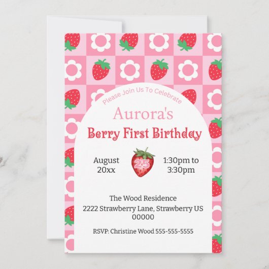 ピンク&レッドベリーの最初の誕生日パーティーへの招待 招待状 (正面)