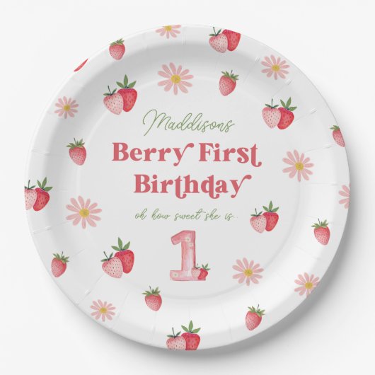 ピンク&レッドベリーファーストストロベリー誕生日 ペーパープレート (正面)