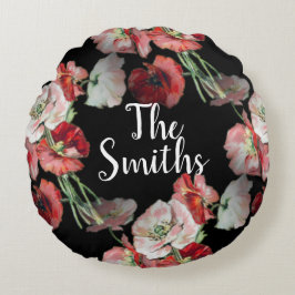 ピンク&レッドポピーのパターンカスタム ラウンドクッション