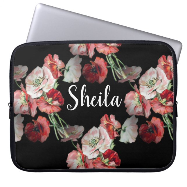 ピンク&レッドポピーのパターンカスタム ラップトップスリーブ (正面)