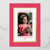 ピンク レッド ストライプ フェスティブ ファミリー マルチ 3 フォト ゴールド 箔シーズンカード (正面)