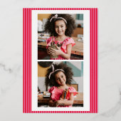 ピンク レッド ストライプ フェスティブ ファミリー マルチ 3 フォト ゴールド 箔シーズンカード (裏面)