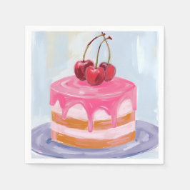 ピンク レッド チェリー ケーキ 水彩画 スタンダードカクテルナプキン
