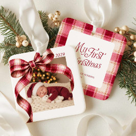 ピンク レッド プラッド リボン 私の1st クリスマス 写真 オーナメント