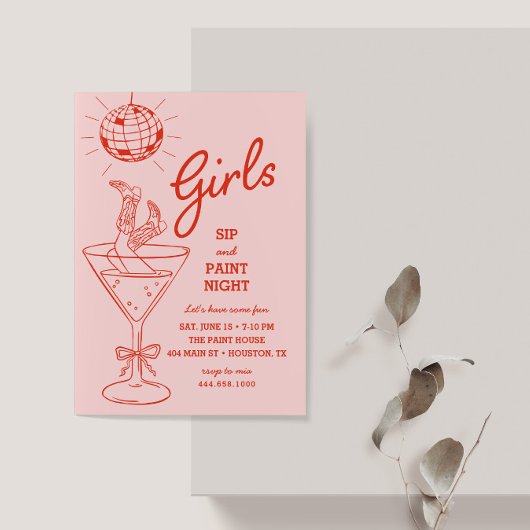 ピンク&レッドsipと絵を描パーティー女の子の夜 招待状