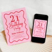 ピンク レトロな21歳の誕生日おめでとう ウェーブボーダー 招待状