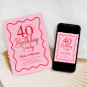 ピンク レトロな40歳の誕生日 おしゃれなウェーブボーダー 招待状