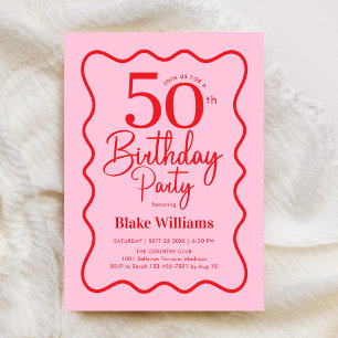 ピンク レトロな50歳の誕生日おめでとう ウェーブボーダー 招待状