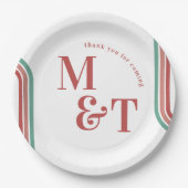 ピンク | レトロな70年代ストライプ | 結婚式のイニシャル ペーパープレート (正面)