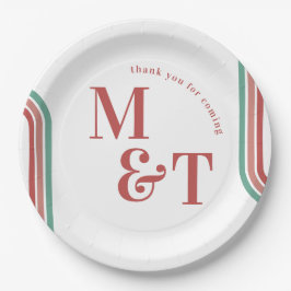 ピンク | レトロな70年代ストライプ | 結婚式のイニシャル ペーパープレート