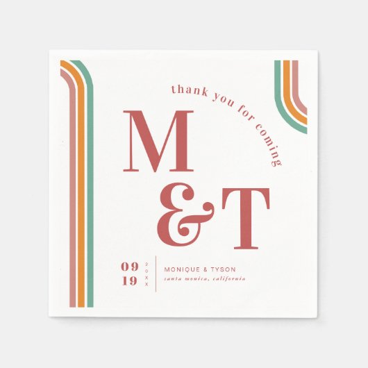 ピンク |レトロ70ストライプ年代 |の結婚モノグラム スタンダードカクテルナプキン (正面)