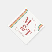 ピンク |レトロ70ストライプ年代 |の結婚モノグラム スタンダードカクテルナプキン (角)