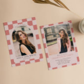 ピンク レトロ チェック柄 アーチ クラシック フォト 卒業 招待状