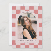 ピンク レトロ チェック柄 アーチ クラシック フォト 卒業 招待状 (正面)