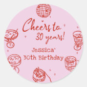 ピンク レトロ 手描き ファンキー コクテール 誕生日 ラウンドシール (正面)