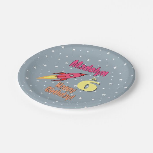 ピンク·ロケット·ガール·パーソナライズされた誕生日·フェミニスト ペーパープレート (アングル)