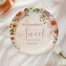 ピンク ロマンティック パステルカラーの野の花 Sweet 16 ペーパープレート