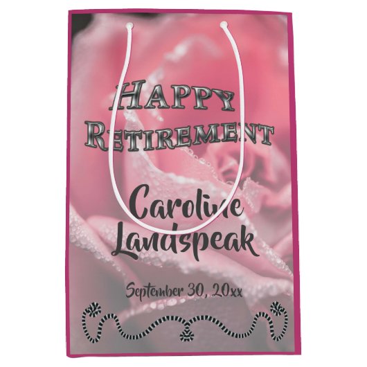 ピンク・ローズが開花シルバーフレームハッピー・リタイアメント ミディアムペーパーバッグ (正面)