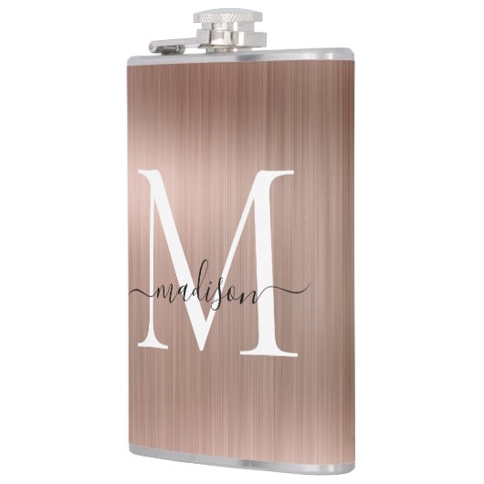 ピンク ローズゴールド ガーリー モノグラム ブラシ仕上げ スチール メタル フラスク (左)
