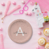 ピンク ローズゴールド グリッター ガーリー モノグラム 誕生日 ペーパープレート (パーティー)