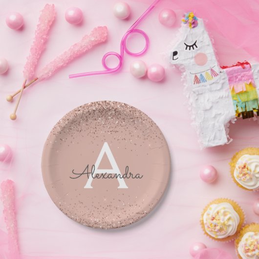 ピンク ローズゴールド グリッター ガーリー モノグラム 誕生日 ペーパープレート (パーティー)