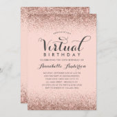ピンク ローズゴールド グリッター スパークル バーチャル誕生日 招待状 (正面/裏面)