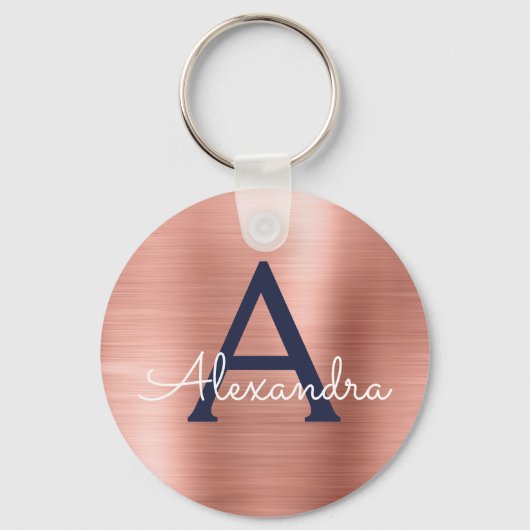 ピンク ローズゴールド ネイビーブルー ステンレススチール モノグラム キーホルダー (正面)