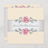 ピンク・ローズ・ガールズ・ファースト・コミュニオン 招待状 (正面/裏面)