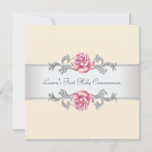 ピンク・ローズ・ガールズ・ファースト・コミュニオン 招待状 (正面)