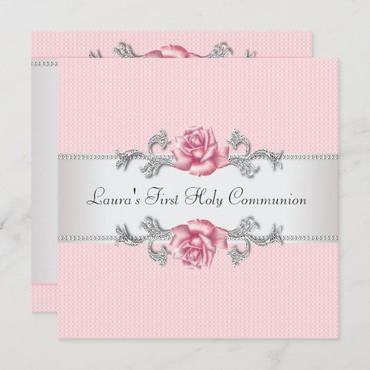 ピンク・ローズ・ガールズ・ファースト・コミュニオン 招待状 (正面/裏面)