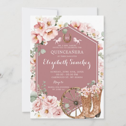 ピンク ローズ ゴールド ウェスタンチャラ キンセアニエラ 招待状 (正面)