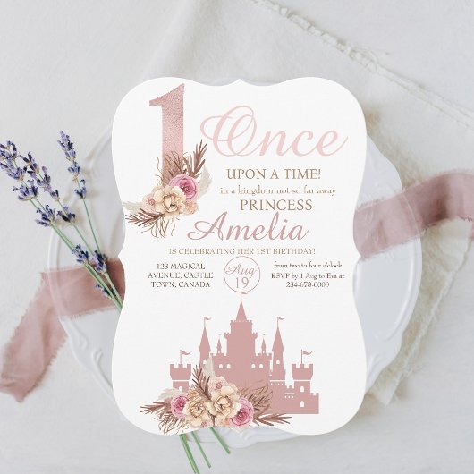 ピンク ローズ ゴールド キャッスル プリンセス 1歳の誕生日 招待状