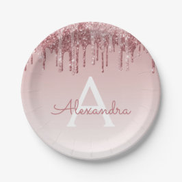 ピンク ローズ ゴールド グリッター & スパークル モノグラム 誕生日 ペーパープレート