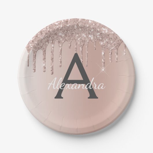 ピンク ローズ ゴールド グリッター & スパークル モノグラム 誕生日 ペーパープレート (正面)