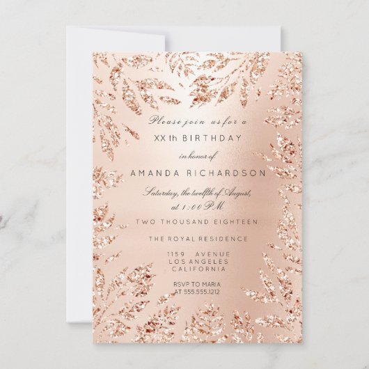 ピンク ローズ ゴールド グリッター リーフ フローラル フレーム クリスタル 招待状 (正面)