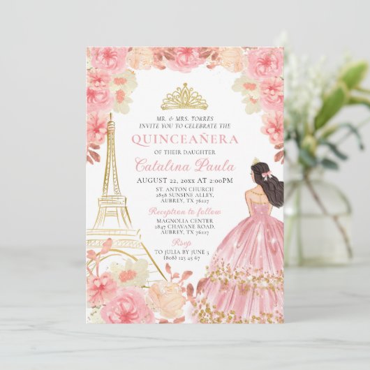 ピンク ローズ ゴールド ティアラ パリ キンセアニエラ インビテーション (スタンド正面)