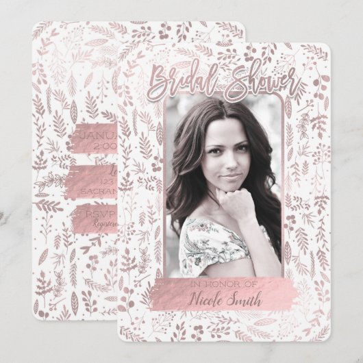 ピンク ローズ ゴールド フォイル モダン ブライダル シャワー フォト 招待状 (正面/裏面)