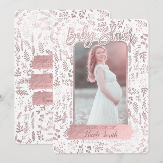 ピンク ローズ ゴールド フォイル モダン ベイビー シャワー フォト 招待状 (正面/裏面)