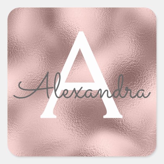 ピンク ローズ ゴールド ホイルとスパークル モノグラム スクエアシール (正面)