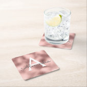 ピンク ローズ ゴールド ホイル & スパークル モノグラム 誕生日 スクエアペーパーコースター (インサイチュ)