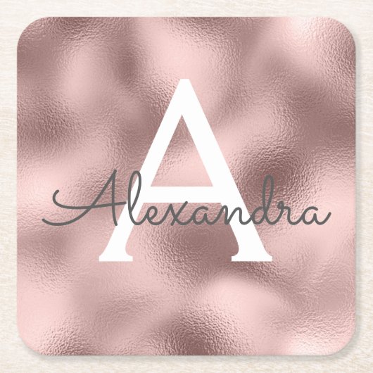 ピンク ローズ ゴールド ホイル & スパークル モノグラム 誕生日 スクエアペーパーコースター (正面)