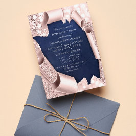 ピンク ローズ パステル パウダー 3D フレーム ネイビー ブルー 招待状