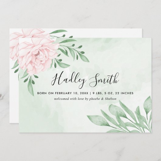 ピンク・ローズ・ユーカリの葉の誕生発表 案内状 (正面/裏面)