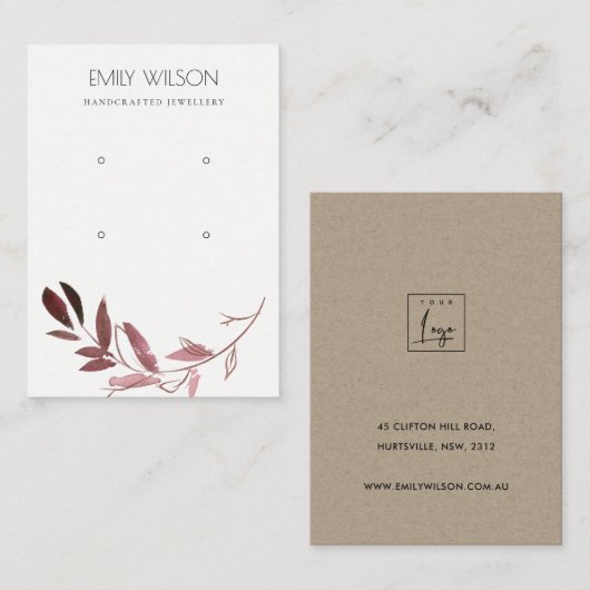 ピンク・ローズ・金ゴールドの葉2つのイヤリング・ディスプレイ・ロゴ 名刺 (正面/裏面)